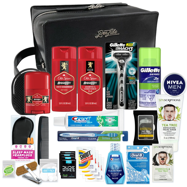 Men's Super Premium 30 PC Travel Kit in Large Leather Toiletry Bag 
